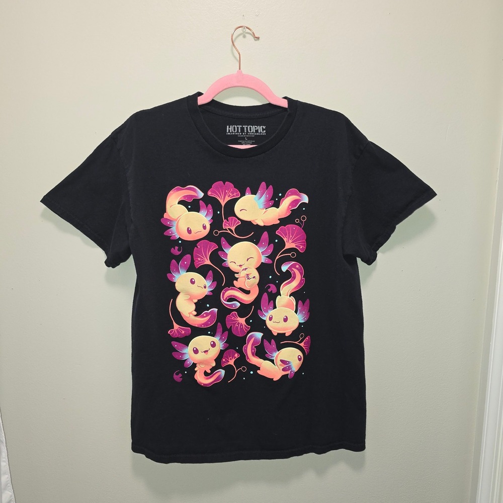 Hot Topic Threadless Axolotl Ginkgo‎ Graphic Tee L Black Kawaii Anime Salamander
